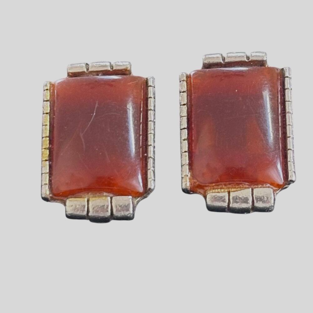 Vintage Carnelian Rectangle Bezel Clip-On Earrings Unmarked Silver Southwest